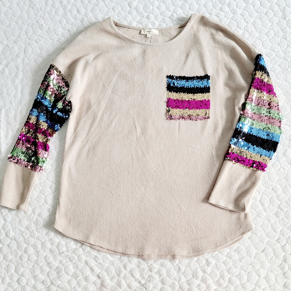 Entro sequin sweater sweatshirt fleece small colorful rainbow pocket top
